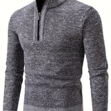 kkboxly  Men's Trendy Solid Knitted Pullover, Casual Slightly Stretch Breathable Turtle Neck Zip Up Long Sleeve Top For Outdoor Fall Winter
