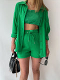 2025 kkboxly  Solid Pocket Matching Two-piece Set, Casual Long Sleeve Shirt & Drawstring Shorts Outfits, Women's Clothing