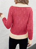 kkboxly  Color Block Cable Knit Pullover Sweater, Casual V Neck Long Sleeve Sweater, Women's Clothing
