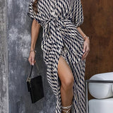 All Over Print Cinched Waist Dress, Casual Collared Half Sleeve Midi Dress, Women's Clothing