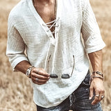 kkboxly  Men's Retro Shirt Top V Neck Lace Up Collar Middle Sleeves Closure Regular Fit Male Casual Shirt For Daily Beach Resorts Summer