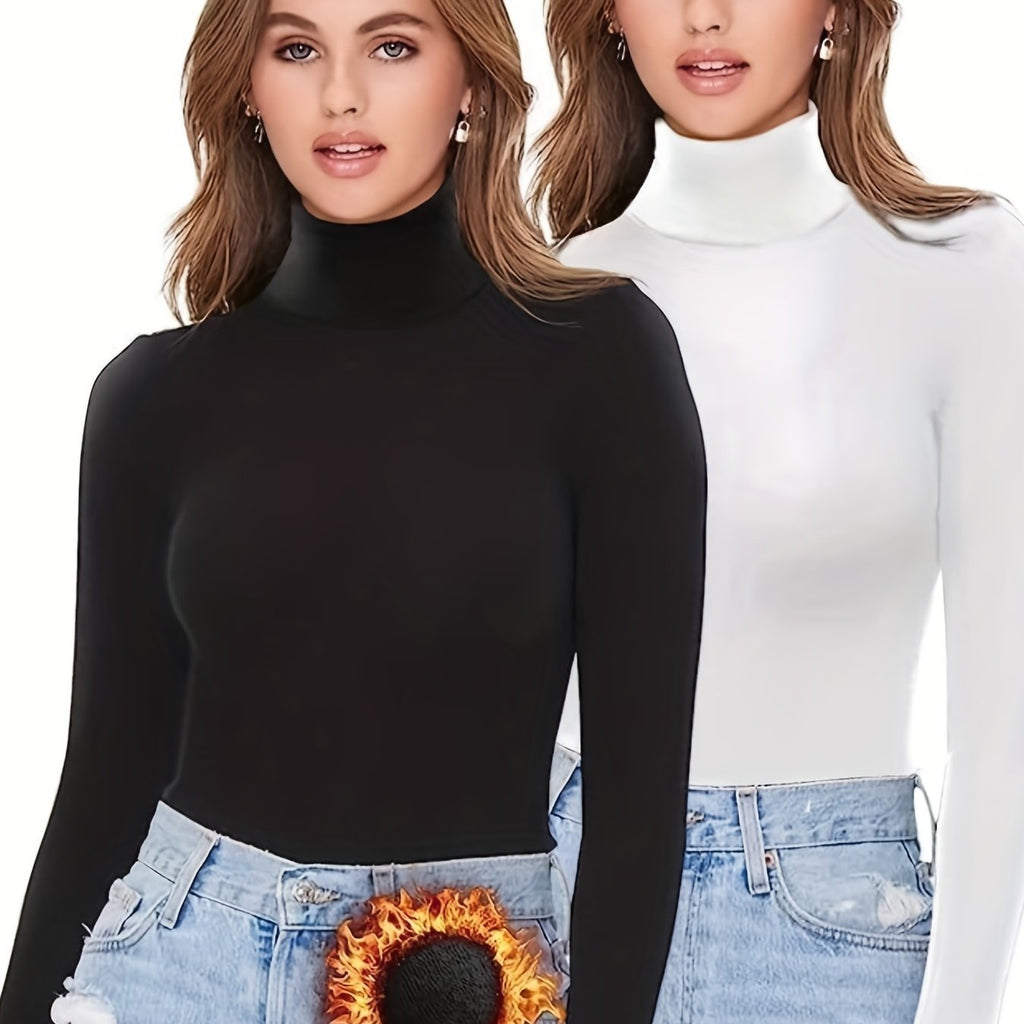 kkboxly  2 Packs Warm Turtleneck T-Shirts, Casual Long Sleeve Top For Spring & Fall, Women's Clothing