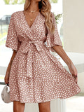 kkboxly  Allover Print Belted V Neck Dress, Casual Short Sleeve Dress For Spring & Summer, Women's Clothing