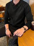 kkboxly  Chic Knit Polo Shirt, Men's Casual Stylish Lapel Middle Stretch V-Neck Pullover Sweater For Winter Autumn