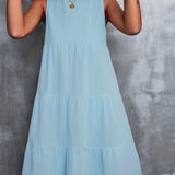 kkboxly  Round Neck Loose Big Swing Splicing Cake Dress, Casual Solid Color Sleeveless Waist Summer Dresses, Women's Clothing