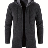 kkboxly  Warm Plush Mid-length Jacket, Men's Casual Solid Color Zip Up Hooded Jacket For Fall Winter Outdoor