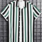 kkboxly  Vertical Stripe Print Men's Casual Short Sleeve Shirt, Men's Shirt For Summer Vacation Resort