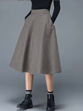 Solid High Waist Flared Skirt, Casual Midi Skirt With Pocket, Women's Clothing