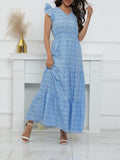 2025 kkboxly  Ditsy Floral Print Dress, Vacation Boho V Neck Ruffle Trim Short Sleeve High Waist Maxi Dress, Women's Clothing