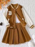 2025 kkboxly  Girls 2pcs Long Sleeve Baseball Jacket Button Coat & Pleated Short Skirt Letter B Print Corduroy Preppy Casual Kids Clothes For Spring And Autumn