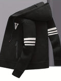 Men's Striped Fleece Hooded Cardigan, Casual Slightly Stretch Breathable Zip Up Thermal Jacket For Fall Winter Outdoor