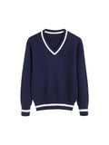 Striped Print Knit Sweater, Casual V Neck Long Sleeve Sweater, Women's Clothing