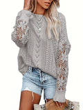 kkboxly  Contrast Lace Eyelet Knit Sweater, Casual Crew Neck Long Sleeve Sweater, Women's Clothing