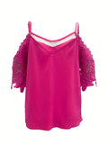 kkboxly   Lace Sleeve Cold Shoulder Blouse, Casual Spaghetti Solid V Neck Blouse, Women's Clothing