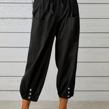 kkboxly  Patched Pockets Button Front Crop Pants, Casual Loose Pants For Spring & Summer, Women's Clothing