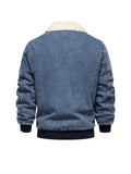 kkboxly  Warm Fleece Denim Jacket, Men's Casual Flap Pocket Jacket Coat With Fur Collar For Fall Winter