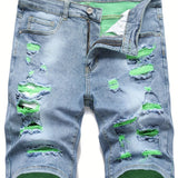 kkboxly  Ripped Design Denim Shorts, Men's Casual Street Style Mid Stretch Denim Shorts For Summer