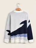 kkboxly  Cartoon Whale Print, Loose Fit Warm Sweater, Men's Casual Retro Style Slightly Stretch Crew Neck Pullover Sweater For Fall Winter