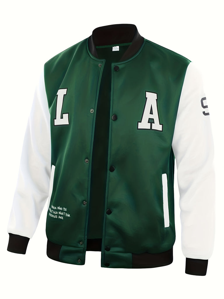 kkboxly  "LA" Print Varsity Jacket, Men's Casual Color Block Button Up Jacket For Spring Fall School Baseball