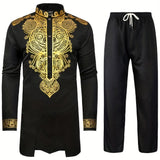 kkboxly Men's African 2 Piece Set Long Sleeve Gold Print Dashiki And Pants Outfit Traditional Suit