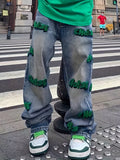 kkboxly  Embroidery Cotton Baggy Jeans, Men's Casual Creative Street Style Denim Pants For Spring Summer
