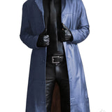 kkboxly  Men's Chic Pu Overcoat, Casual Lapel Stretch Button Up Faux Leather Long Coat For Spring Fall