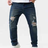Plus Size Mens Ripped Washed Jeans, Loose Oversized Denim Long Pants, Vintage & Chic Style