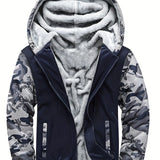 kkboxly  Zip Up Camouflage Long Sleeve Loose Outerwear Thermal Mens Fall Winter Jacket, Fuzzy Hoodie With Pockets