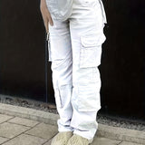 kkboxly  Plain High Rise Cargo Denim Pants, Loose Solid Color Retro Cargo Jeans, Street Casual Style, Women's Denim Jeans & Clothing