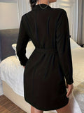 kkboxly  Long Sleeve Wrap Tie-waist Dress, Elegant Solid Color Plunge Neck Lapel Dress, Women's Clothing