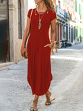 kkboxly  Solid Color Crew Neck Dress, Casual Short Sleeve Ankle Dress For Spring & Summer, Women's Clothing