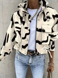 kkboxly  Brush Print Flap Pockets Jacket, Casual Drawstring Zipper Crop Jacket For Spring & Fall, Women's Clothing