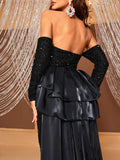 kkboxly  Off-shoulder Sequin Sweep Train Dress, Elegant Sweetheart Neck Long Sleeve Tiered Dress, Women's Clothing