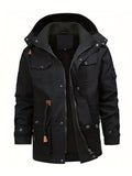 kkboxly  Warm Fleece Hooded Jacket, Men's Casual Multi Pocket Jacket Coat For Fall Winter