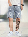 kkboxly  Chic Loose Fit Ripped Denim Shorts, Men's Casual Street Style Distressed Denim Shorts For Summer