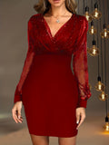 2025 kkboxly  Solid Sequin Stitching Lace Long Sleeve Dress, Elegant Mesh Slim Sexy Party Dress, Women's Clothing