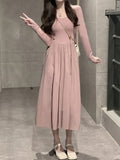 kkboxly  Solid Crew Neck Ruffle Hem Dress, Elegant Long Sleeve Slim Dress For Spring & Fall, Women's Clothing