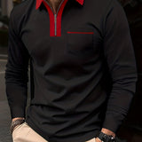 kkboxly Men's Casual Long Sleeves Zip Up Polo Shirts With Chest Pocket, Lapel Collar Tops Pullovers, Men's Clothing For Summer