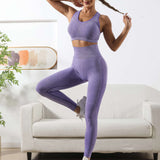 kkboxly  2pcs Solid Workout Sets, Crop Tank Top Sports Bra & Wide Waistband Butt Lifting Running Leggings, Women's Activewear
