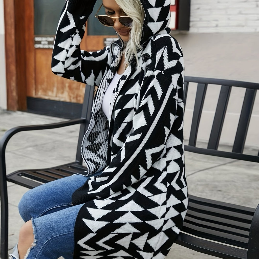 Geometric Pattern Open Front Hooded Cardigan, Casual Long Sleeve Long Length Cardigan For Fall & Winter, Women's Clothing