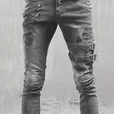 kkboxly  Zipper Decoration Slim Fit Ripped Biker Jeans, Men's Casual Street Style Distressed Slightly Stretch Denim Pants For Spring Summer
