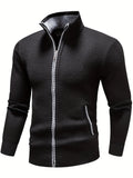 kkboxly  Warm Stand Collar Fleece Jacket, Men's Semi-formal Comfortable Solid Color Zip Up Knitted Cardigan For Spring Fall