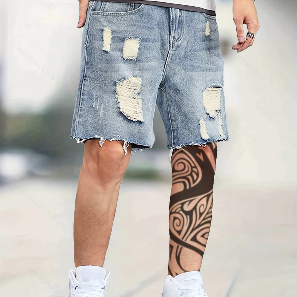 kkboxly  Chic Loose Fit Ripped Denim Shorts, Men's Casual Street Style Distressed Denim Shorts For Summer