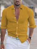 Men's Shirt Top Cotton & Linen Blend Turn-Down Collar Long Sleeves Closure Regular Fit Solid Color Male Casual Shirt For Daily