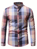 kkboxly  Men's Long Sleeve Plaid Button Down Regular Fit Stand Collar Casual Shirt