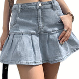 kkboxly  2-in-1 Pleated Bodycon Mini Skirt, Boxer Shorts Inside Anti-Exposed Denim Skirt Without Metal Chain Decor, Preppy Y2K Kpop Style, Women's Denim Shorts & Skirts