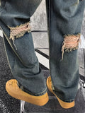kkboxly  Men's Vintage Style Chic Ripped Denim Jeans, Loose Comfortable Versatile Denim Pants For Males