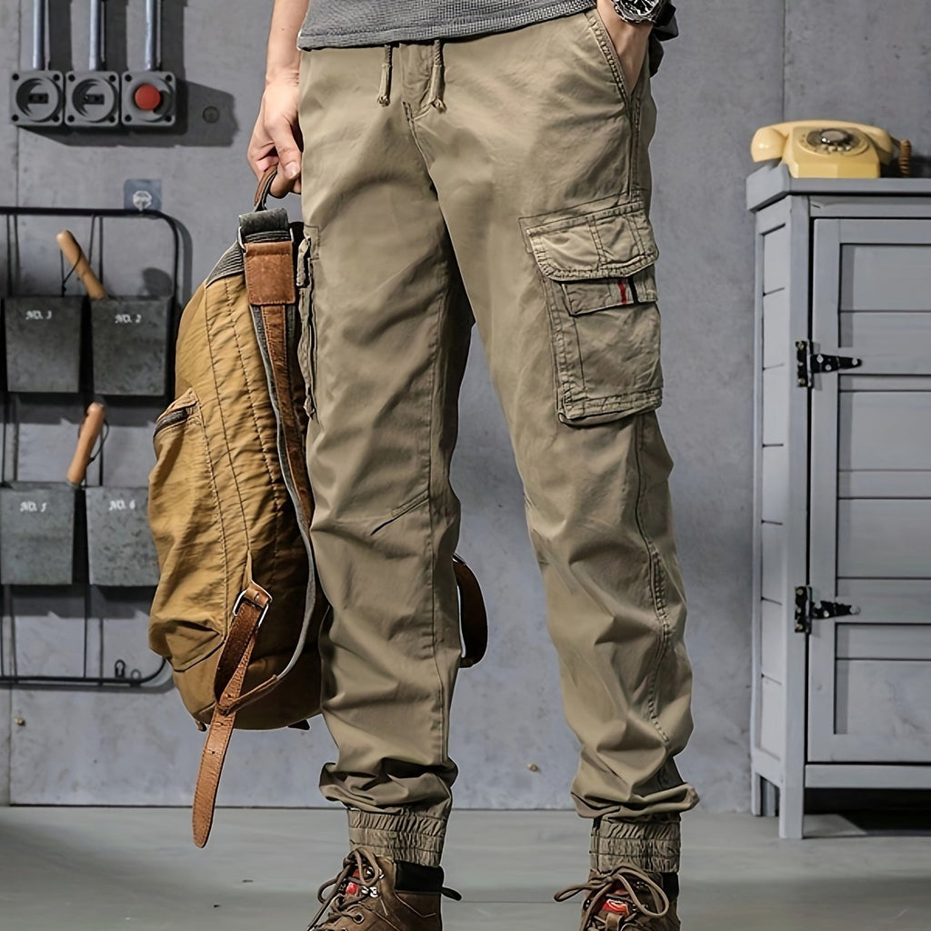 dunnmall  kkboxly  Trendy Solid Cargo Pants, Men's Multi Flap Pocket Trousers, Loose Casual Outdoor Pants, Men's Work Pants Outdoors Streetwear Hip Hop Style