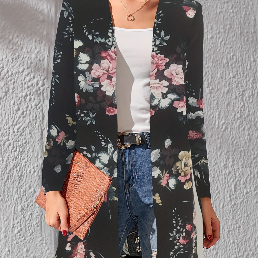 kkboxly  Floral Print Lightweight Jacket, Casual Open Front Long Sleeve Outerwear For Spring & Fall, Women's Clothing