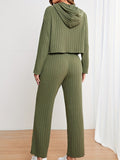 kkboxly  Casual Solid Knit Two-piece Set, Long Sleeve Drawstring Hoodie & Wide Leg Pants Outfits, Women's Clothing